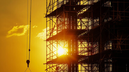 A detailed silhouette of a towering under-construction skyscraper against the backdrop of a setting sun, showcasing the intricate framework and scaffolding - Powered by Adobe
