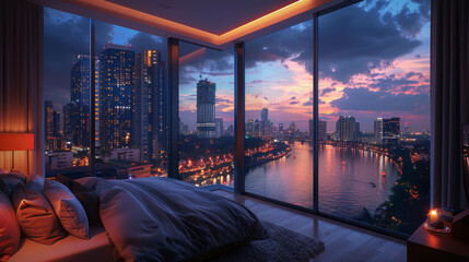 Relax in comfort with a breathtaking cityscape view from this luxury bedroom. AI generative.