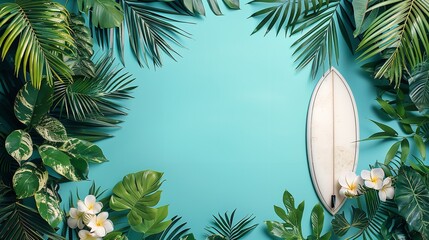 Fototapeta na wymiar Top view of a surfboard with tropical leaves on a clean soft green backdrop with a big space for text or product advertisement, Generative AI.