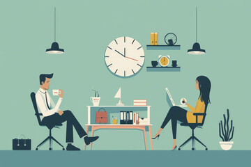 Immerse yourself in tranquility with this colorful vector illustration capturing a peaceful break moment amidst office hustle. AI generative. - obrazy, fototapety, plakaty