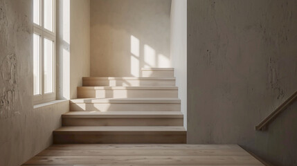 Beige stairs in a lounge, harmonized with Scandinavian aesthetics, and a window on the side.