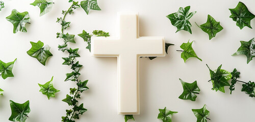 An elegant white cross surrounded by cascading ivy leaves, representing strength and resilience...