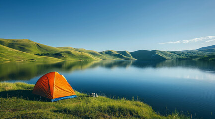 Embrace the beauty of nature with a picturesque scene featuring an orange tent by a calm lake, set against the backdrop of lush green hills and a cloudless blue sky during golden hour. AI generative. - obrazy, fototapety, plakaty