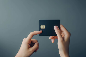 Discover the seamless integration of security and convenience as a woman's hand taps a black square on a bank card to verify her fingerprint against a gray backdrop. AI generative - obrazy, fototapety, plakaty