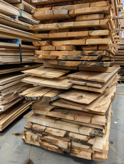 Dive into a scene of industry with piles of fresh white oak planks neatly stacked in the warehouse, captured in this high-quality photo. AI generative.