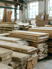 Discover the natural beauty of white oak in this high-quality photo showcasing neatly arranged piles of fresh planks in a warehouse setting. AI generative.