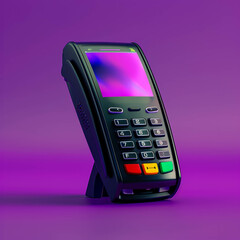 Experience the convenience of cashless transactions with this front view image showcasing a plastic card and terminal on a vibrant purple background. AI generative.