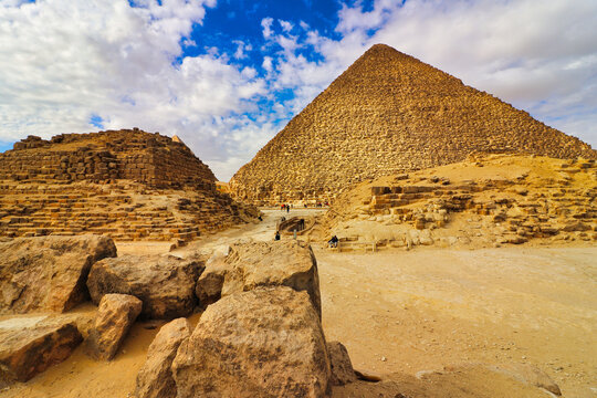 Great Pyramid of Khufu with the Tomb of Hetepheres, the queen mother of Khufu and wife of Pharoah Snefuru on the Eastern side of the Giza plateau at Cairo,Egypt