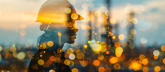Energy sector engineer in the foreground with a vibrant refinery scene behind in a detailed double exposure