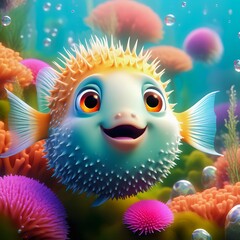 Fototapeta na wymiar Cute smiling pufferfish in ocean, colourful corals sea plants underwater, cartoon, for kids, children's items occasions 