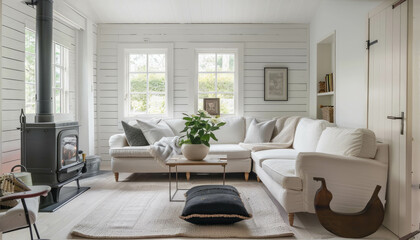 Immerse yourself in the simplicity and comfort of a modern Scandinavian farmhouse living room interior, designed for both style and relaxation. AI generative.