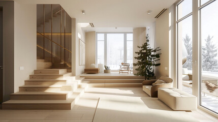 Beige stairs in a modern Scandinavian-themed lounge with a large window and peaceful ambiance.