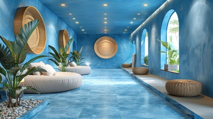 Top-view shot of a serene spa setting with minimalist white furnishings and subtle blue accents.