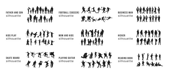 Set of people silhouette. Father, mom, playing guitar, kids play, hicker, football/soccer,  reading book silhouette set on white background.
