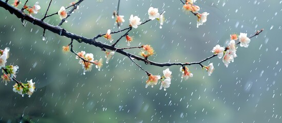 A tree branch with blossoms getting wet in the rain.