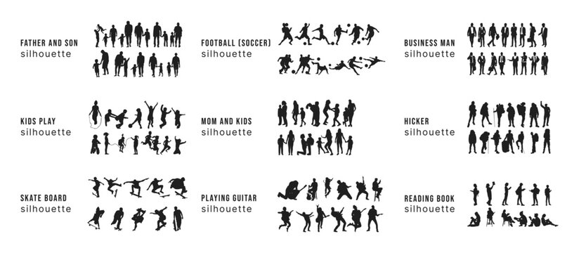 Set of people silhouette. Father, mom, playing guitar, kids play, hicker, football/soccer,  reading book silhouette set on white background.