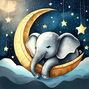 초승달을 침대로 별을 베게로 하고 잠을 자고 있는 아기 코끼리를 삽화로