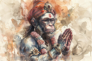 Hand draw watercolor of The Hanuman the sacred monkey Respected for his physical strength perseverance.