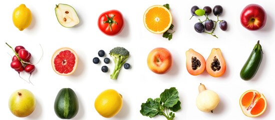 Fresh fruits and vegetables separated on a white background.