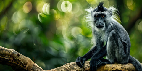 back and white monkey sitting on a tree branch in the forest, generative AI - obrazy, fototapety, plakaty