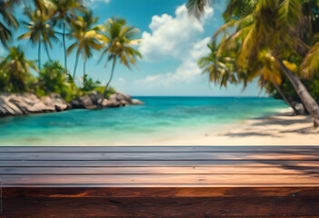 Wooden deck overlooking a tropical beach with palm trees and turquoise sea.