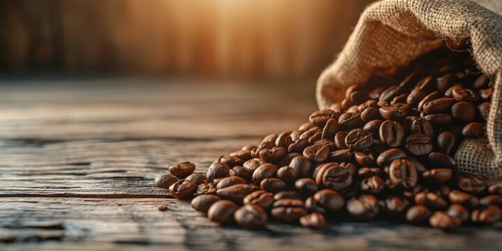 A vibrant image of aromatic coffee beans spilling from a rustic burlap sack onto a wooden background
