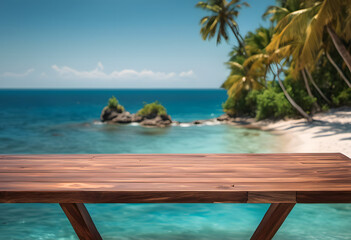 A wooden table overlooking a tropical beach with palm trees and clear blue water.