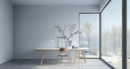 Realistic cozy working room and remote working at home or anywhere in winter. Staycation mode with snow landscape.