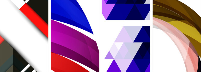 A vibrant art piece featuring a collage of purple, violet, and electric blue triangles arranged in a symmetrical pattern on a white background