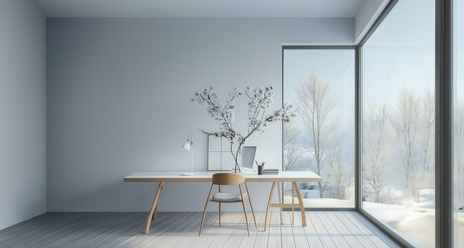 Realistic cozy working room and remote working at home or anywhere in winter. Staycation mode with snow landscape.