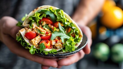Close-up of a delicious tempeh and vegetable wrap over a fitness gear backdrop.