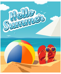 Summer time, hello summer card with colourful ball and flip-flops on the beach, vector illustration