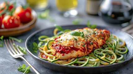 Golden-baked chicken parmesan on spiralized zucchini, decorated with fresh basil.