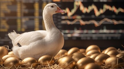 White goose on a nest of golden eggs with stock exchange charts in the background, symbolizing dividends.