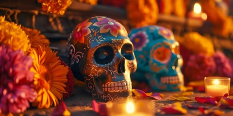 Vibrant Dia de Muertos skulls with floral decoration sit among candles, creating a culturally rich background celebrating life and death