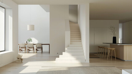 Beige stairs with minimalist design and Scandinavian touch in a modern living space.