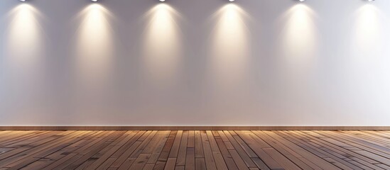 An empty white wall illuminated by five spotlights with a wooden floor.