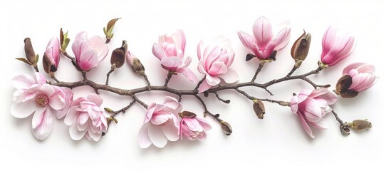 Magnolia blossoms separated on a white background.