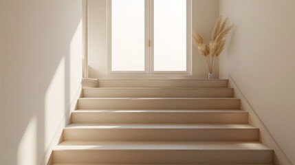 Beige stairs with minimalist Scandinavian style in an inviting interior with a window.