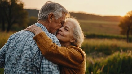 Fototapeta premium Side view of happy senior couple hugging outside in spring summer blooming nature at sunset showing happiness affection