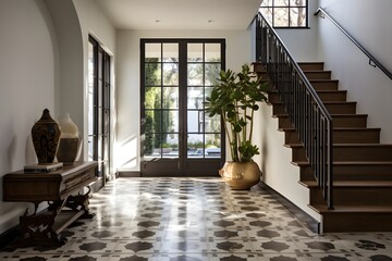 Foyer with A Striking Staircase, Moroccan Tiles Flooring, Arch Way Detail with Vases