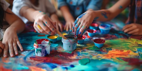 Busy children's hands express creativity and learning through art with colorful paints on a vibrant background