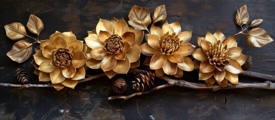 Gold-colored delicate flowers and woody pine cones are displayed together on a single branch - obrazy, fototapety, plakaty