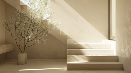 Beige stairs with minimalist Scandinavian design in a tranquil interior with a window.
