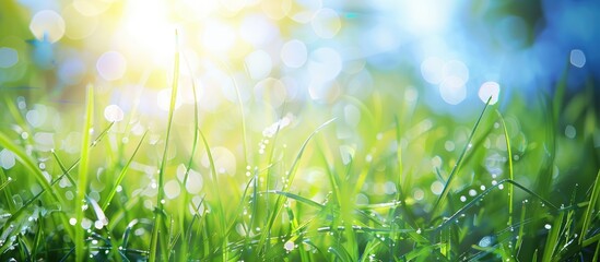 Obraz premium Abstract nature background with grass and blue sky in the background during the spring or summer season.