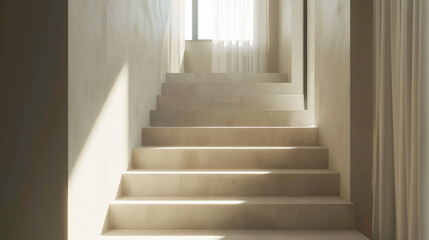Beige stairs with Scandinavian design elements in a stylish interior with a window.