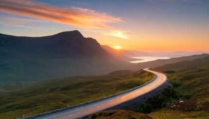 sunset over the mountains, road, landscape, sky, mountain, highway, clouds, 