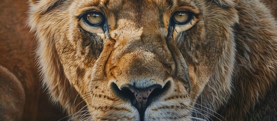 Fototapeta premium The image showcases a detailed close-up of a lion's majestic face, with a blurred background highlighting its intense gaze and powerful presence