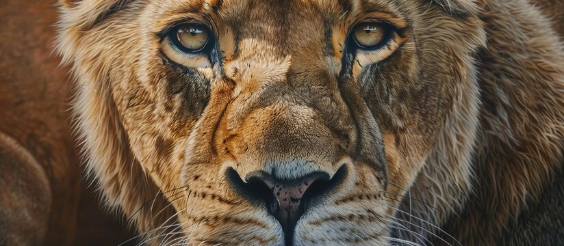 The image showcases a detailed close-up of a lion's majestic face, with a blurred background highlighting its intense gaze and powerful presence