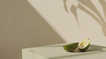 In this product photography shot, a sliced avocado is elegantly arranged on a beige table against a beige background, captured with a horizontal perspective. The minimalist composition emphasizes 